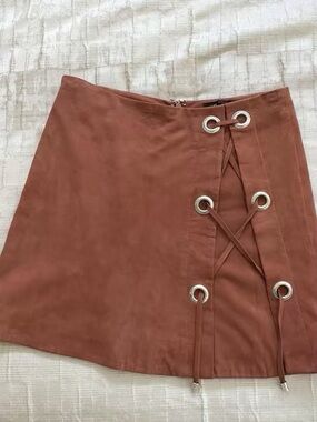 LAMARQUE Rust Tan Suede Side Tie Lace Up Boho Mini Skirt SOFT Goat Leather $450